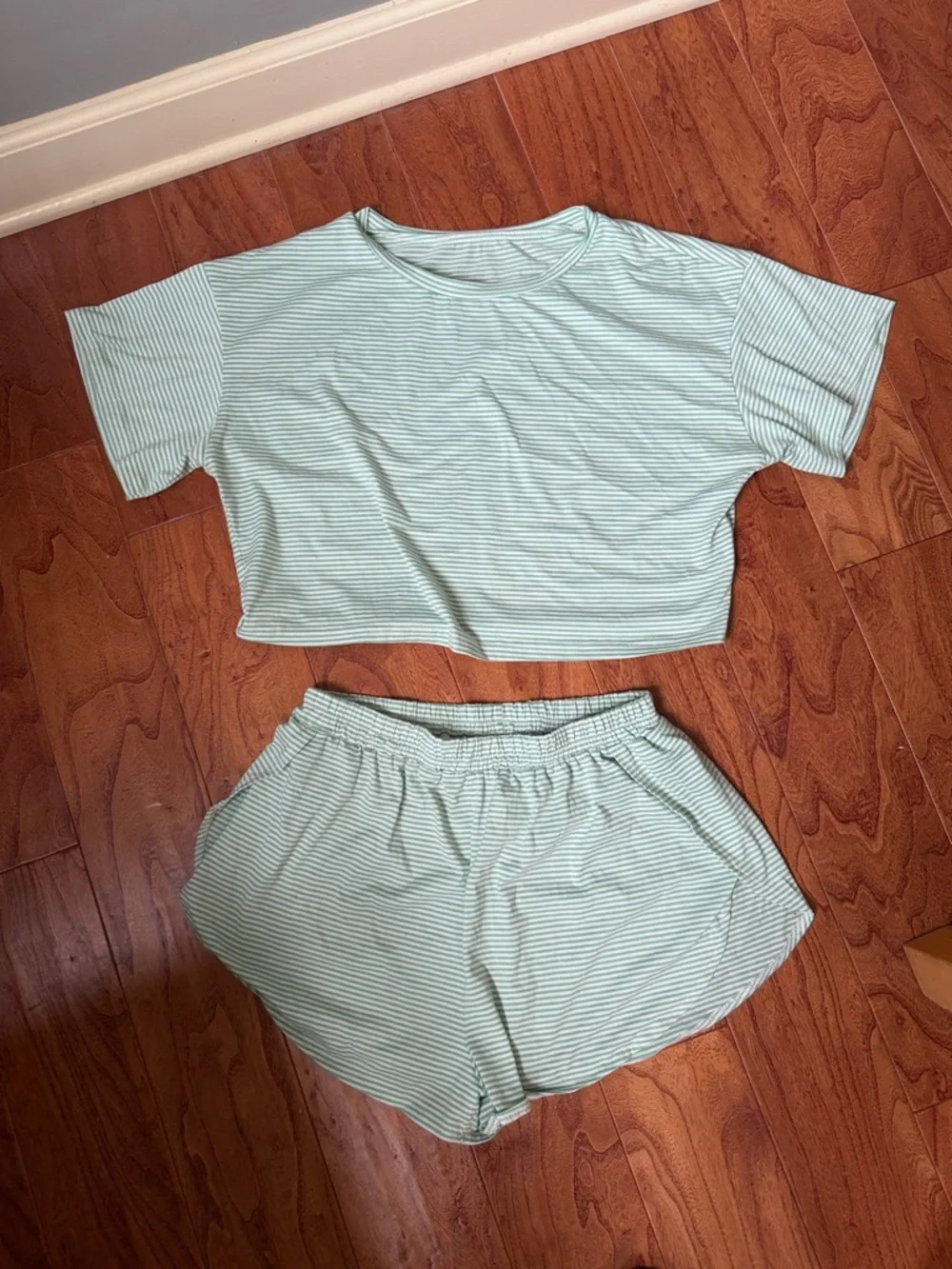 Striped Mint Green Lounge Set - Top & Shorts - Picture 1 of 6